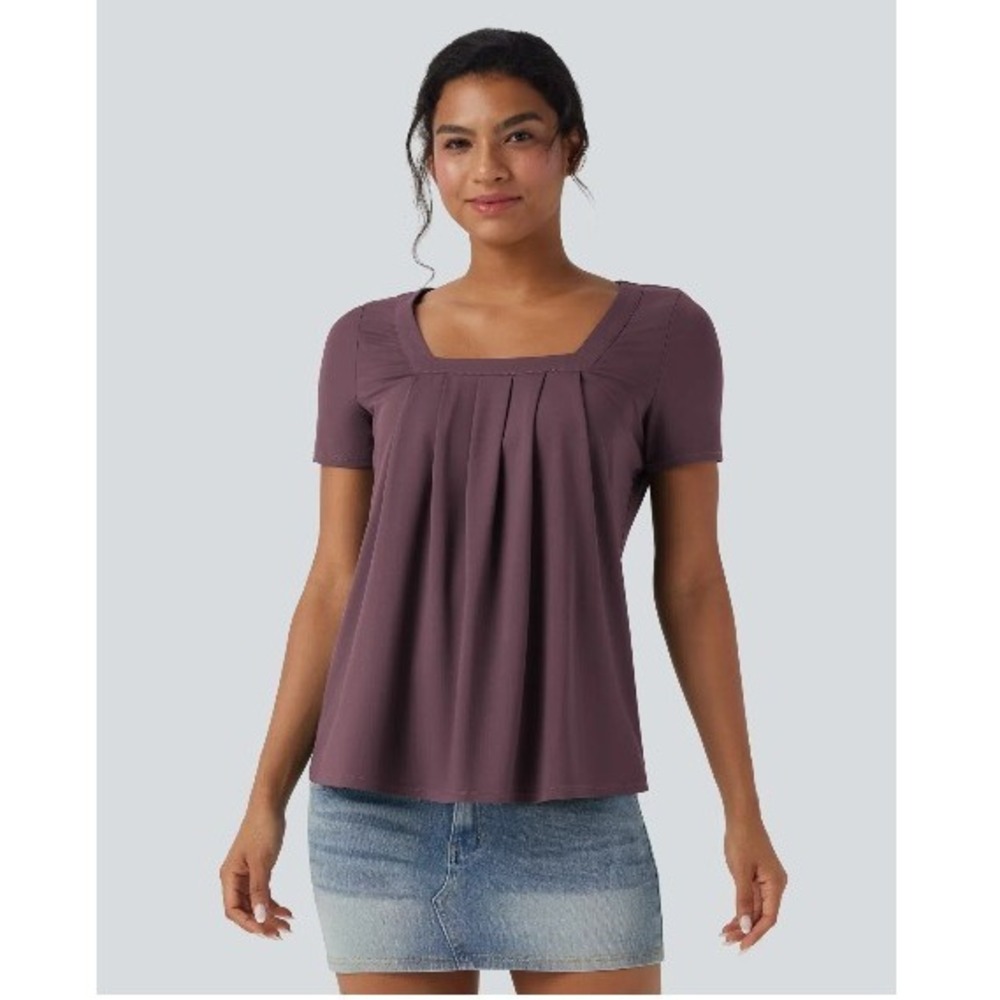Halara Top Womens L Square Neck Short Sleeve Plum Purple Pleated Back Shirt NEW